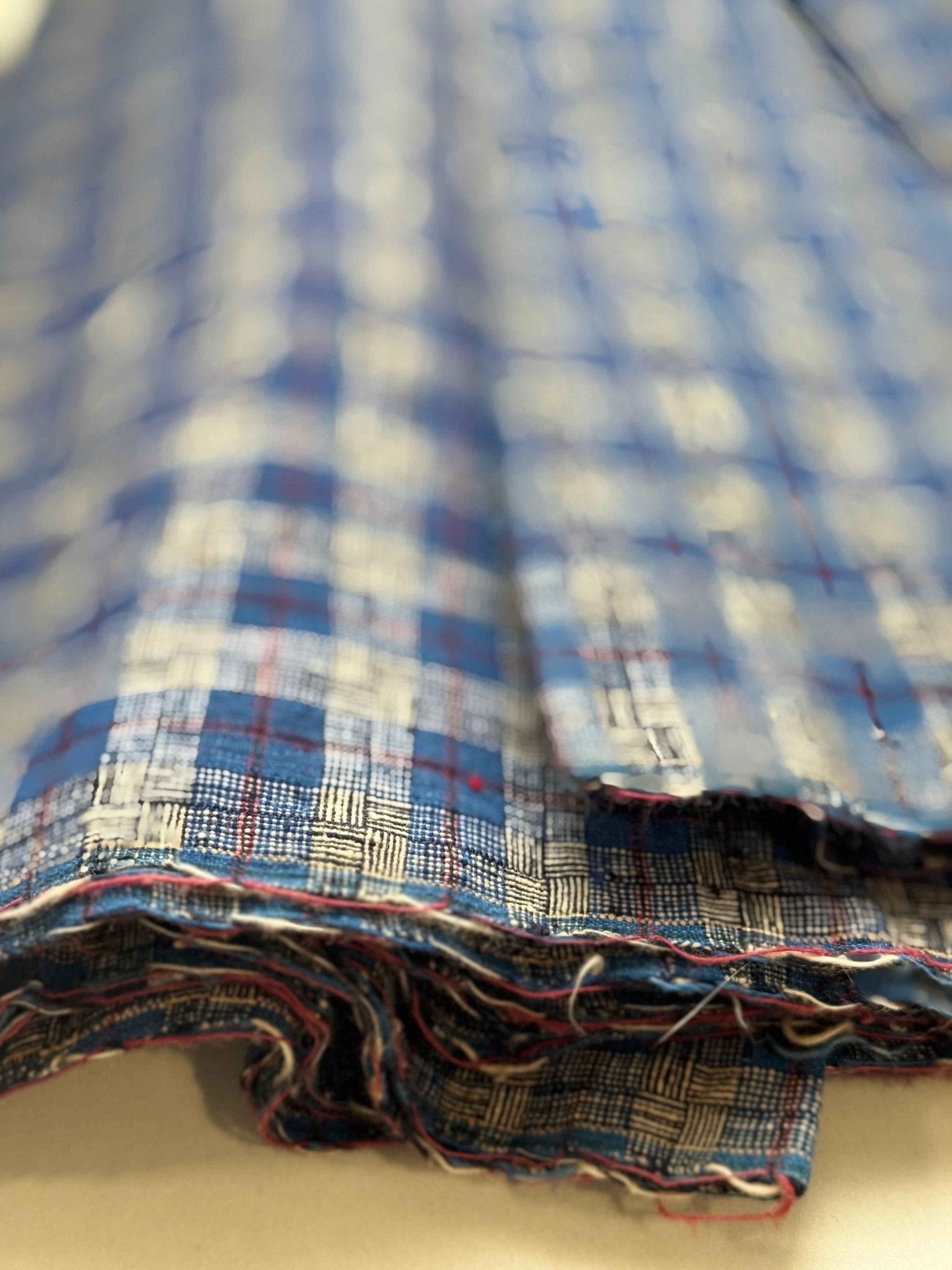 A036 Indigo Matrix: Southern Tǔbù with Crimson Grid & Reed Pattern - 30cm Width - BUBBO