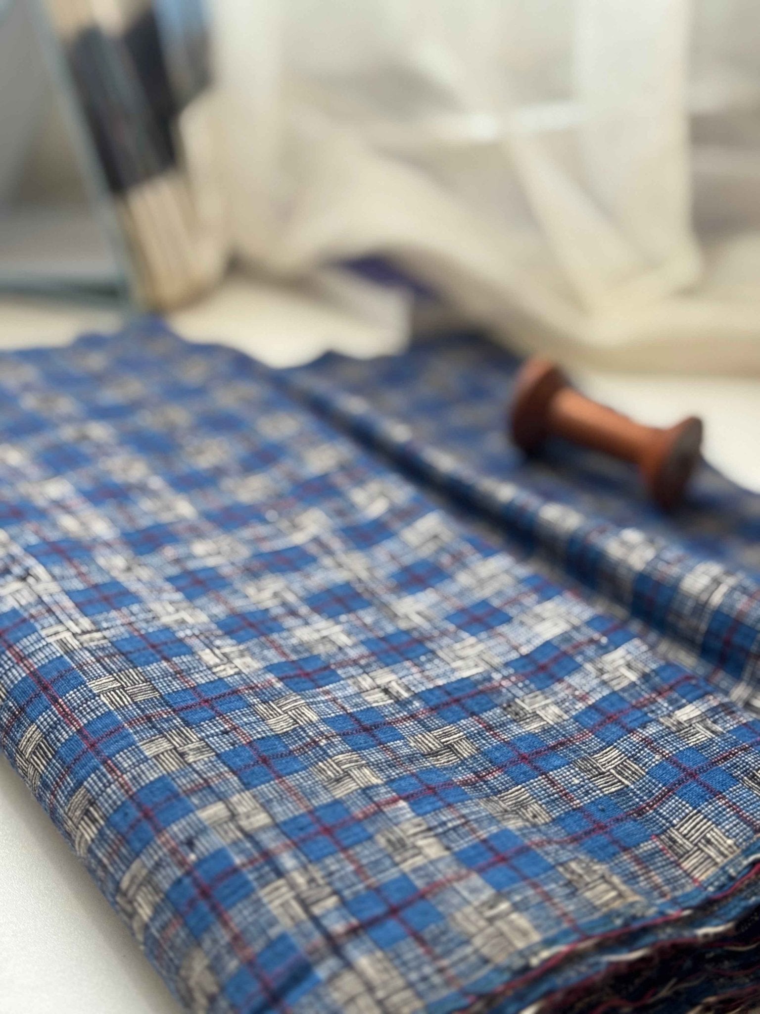 A036 Indigo Matrix: Southern Tǔbù with Crimson Grid & Reed Pattern - 30cm Width - BUBBO