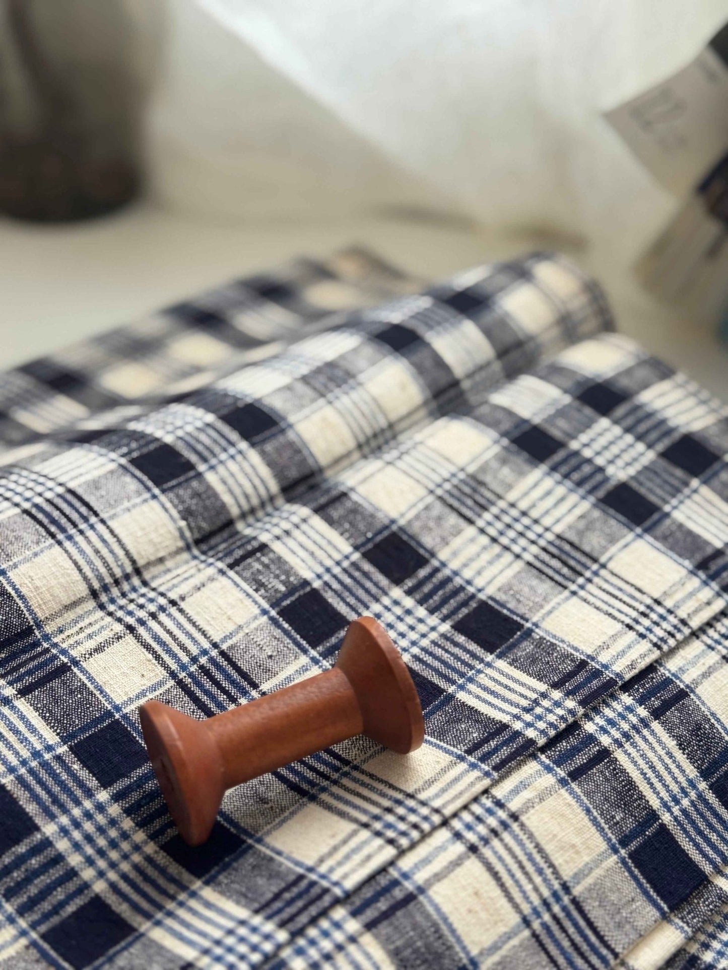 A039 Indigo Archive: Multi - Layer Check Tǔbù in Navy, Sky & Cream - 30cm Width - BUBBO