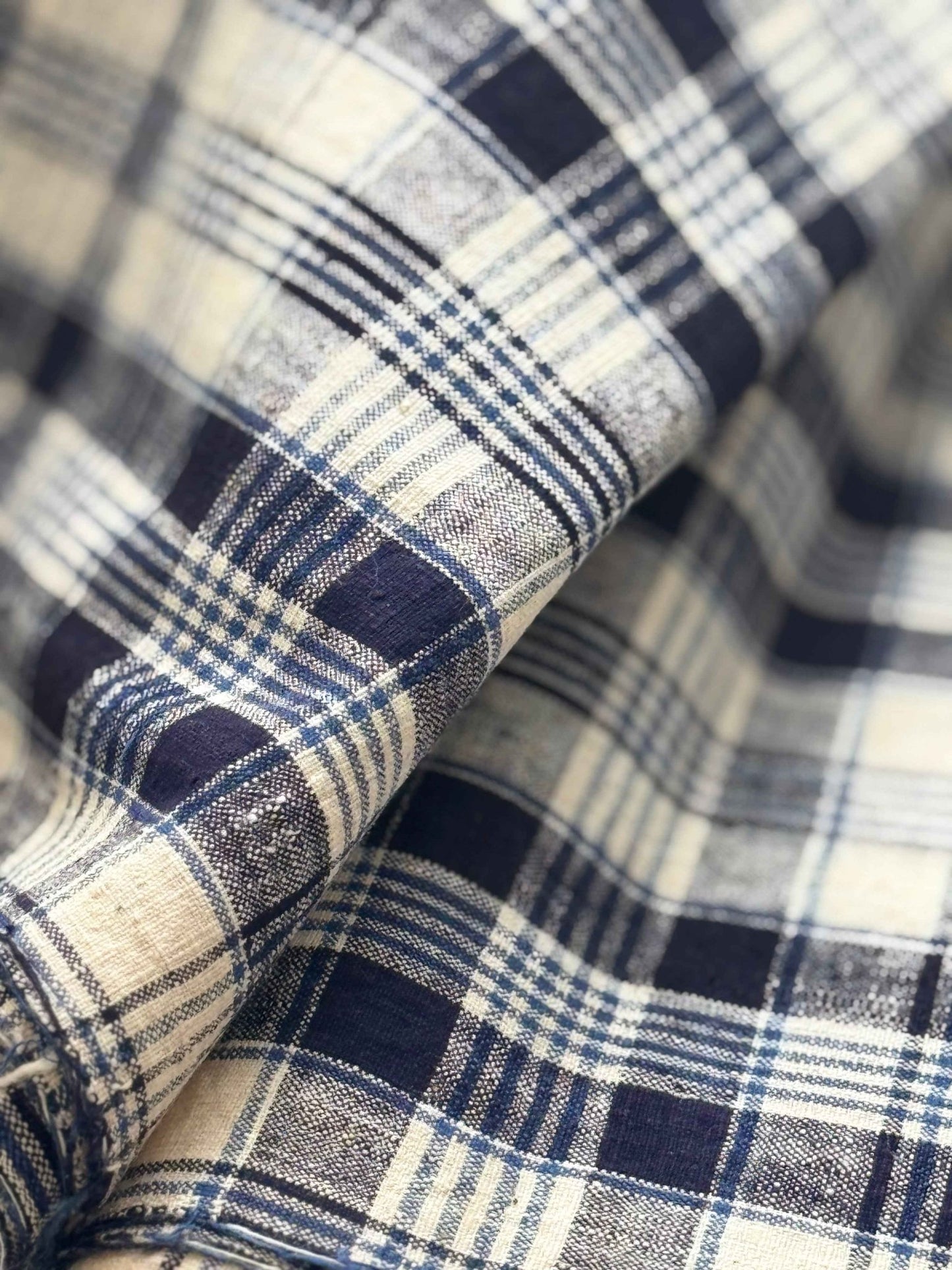 A039 Indigo Archive: Multi - Layer Check Tǔbù in Navy, Sky & Cream - 30cm Width - BUBBO