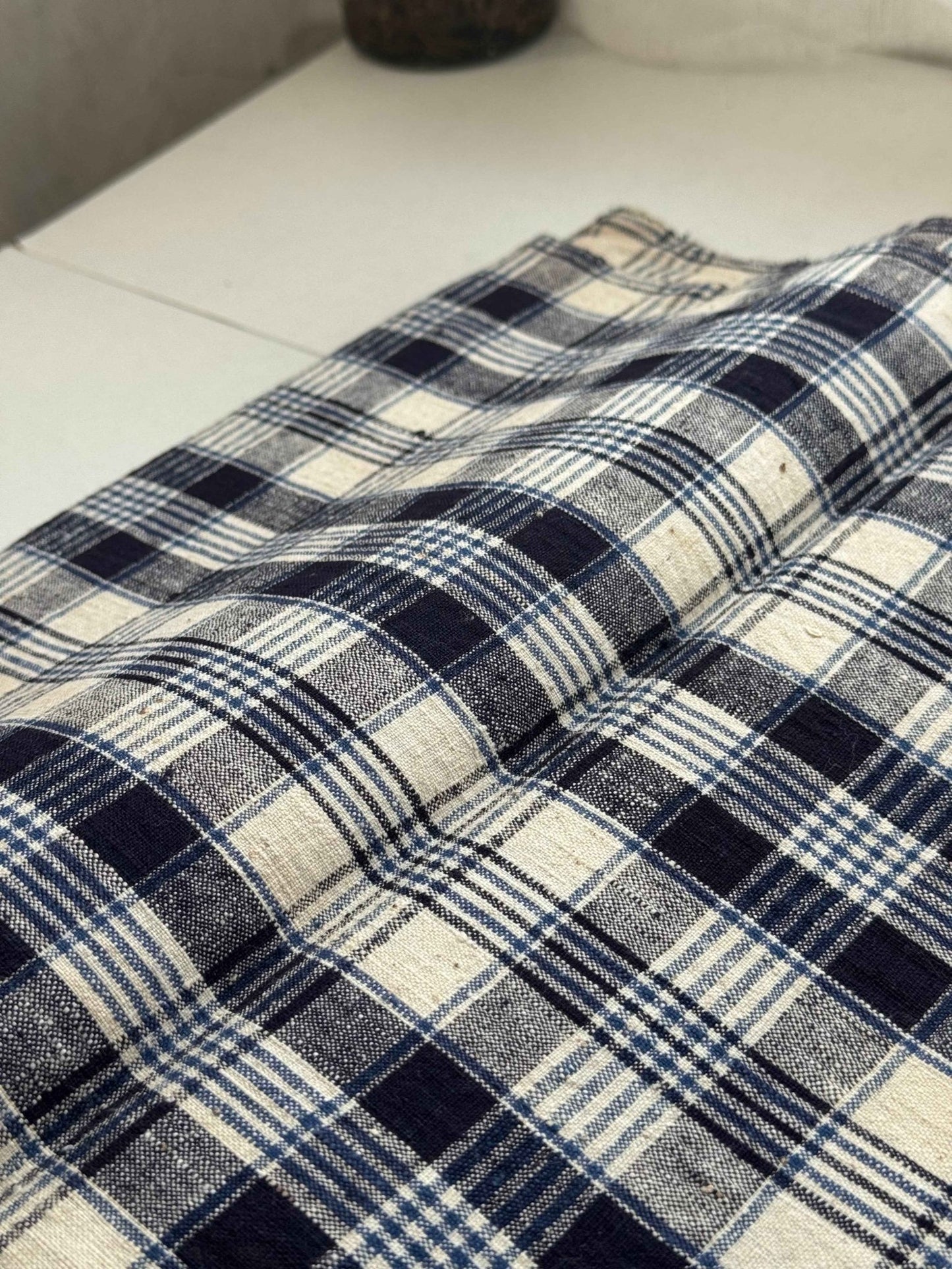 A039 Indigo Archive: Multi - Layer Check Tǔbù in Navy, Sky & Cream - 30cm Width - BUBBO