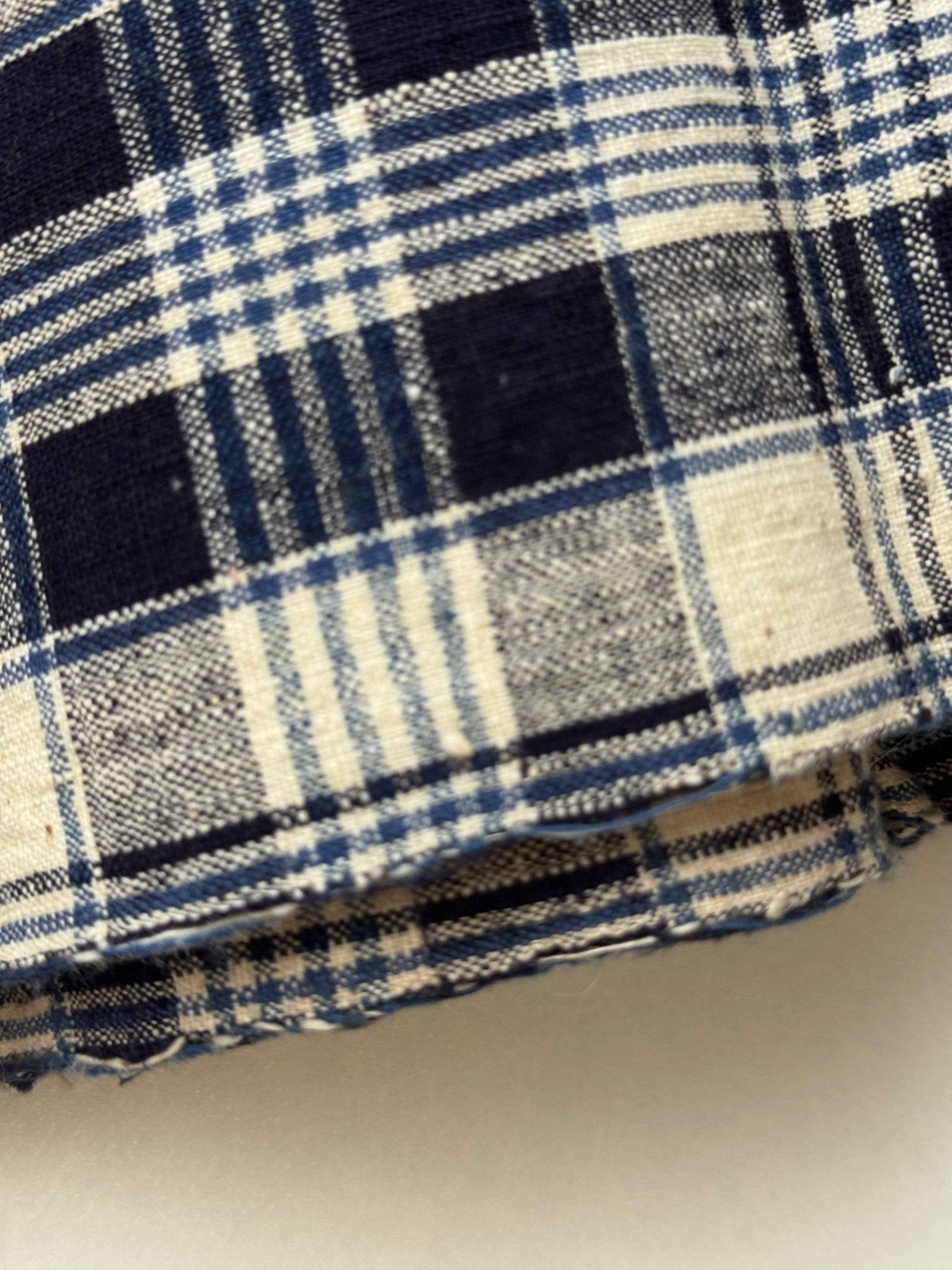 A039 Indigo Archive: Multi - Layer Check Tǔbù in Navy, Sky & Cream - 30cm Width - BUBBO