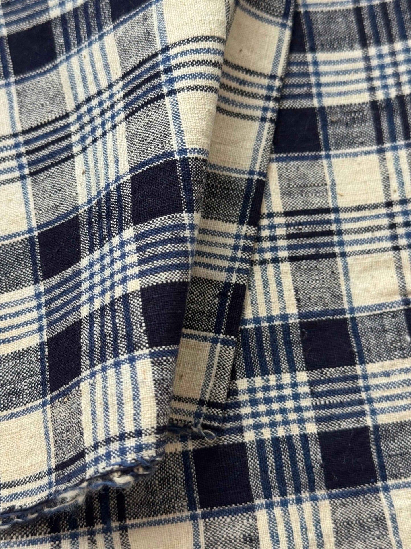 A039 Indigo Archive: Multi - Layer Check Tǔbù in Navy, Sky & Cream - 30cm Width - BUBBO