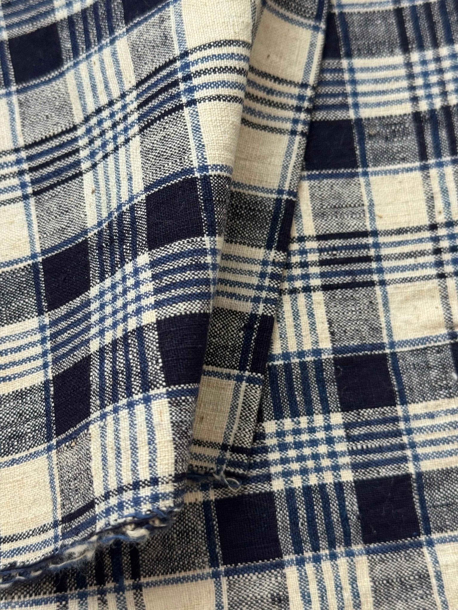 A039 Indigo Archive: Multi - Layer Check Tǔbù in Navy, Sky & Cream - 30cm Width - BUBBO