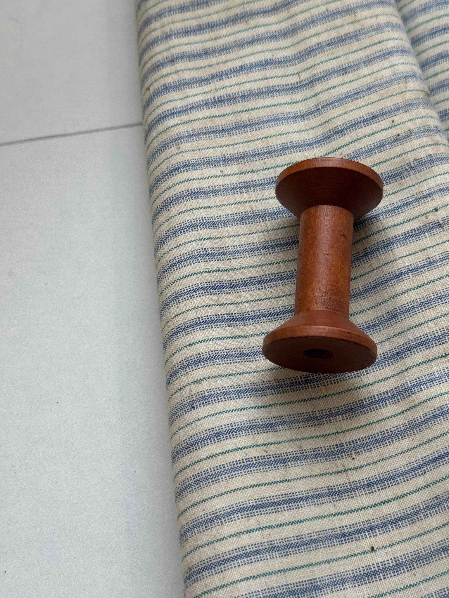 A040 Southern Breeze: White Tǔbù with Denim Blue & Green Pinstripes - 35cm Width - BUBBO
