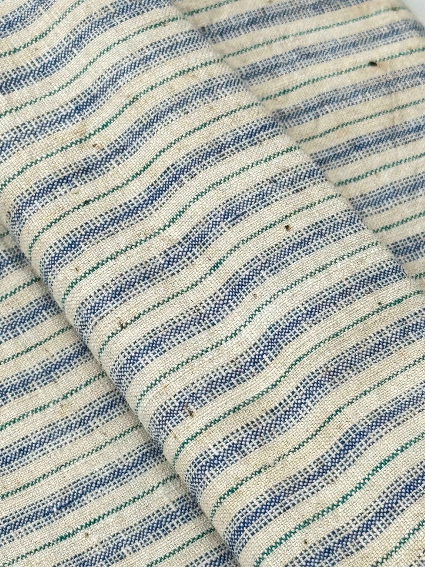 A040 Southern Breeze: White Tǔbù with Denim Blue & Green Pinstripes - 35cm Width - BUBBO