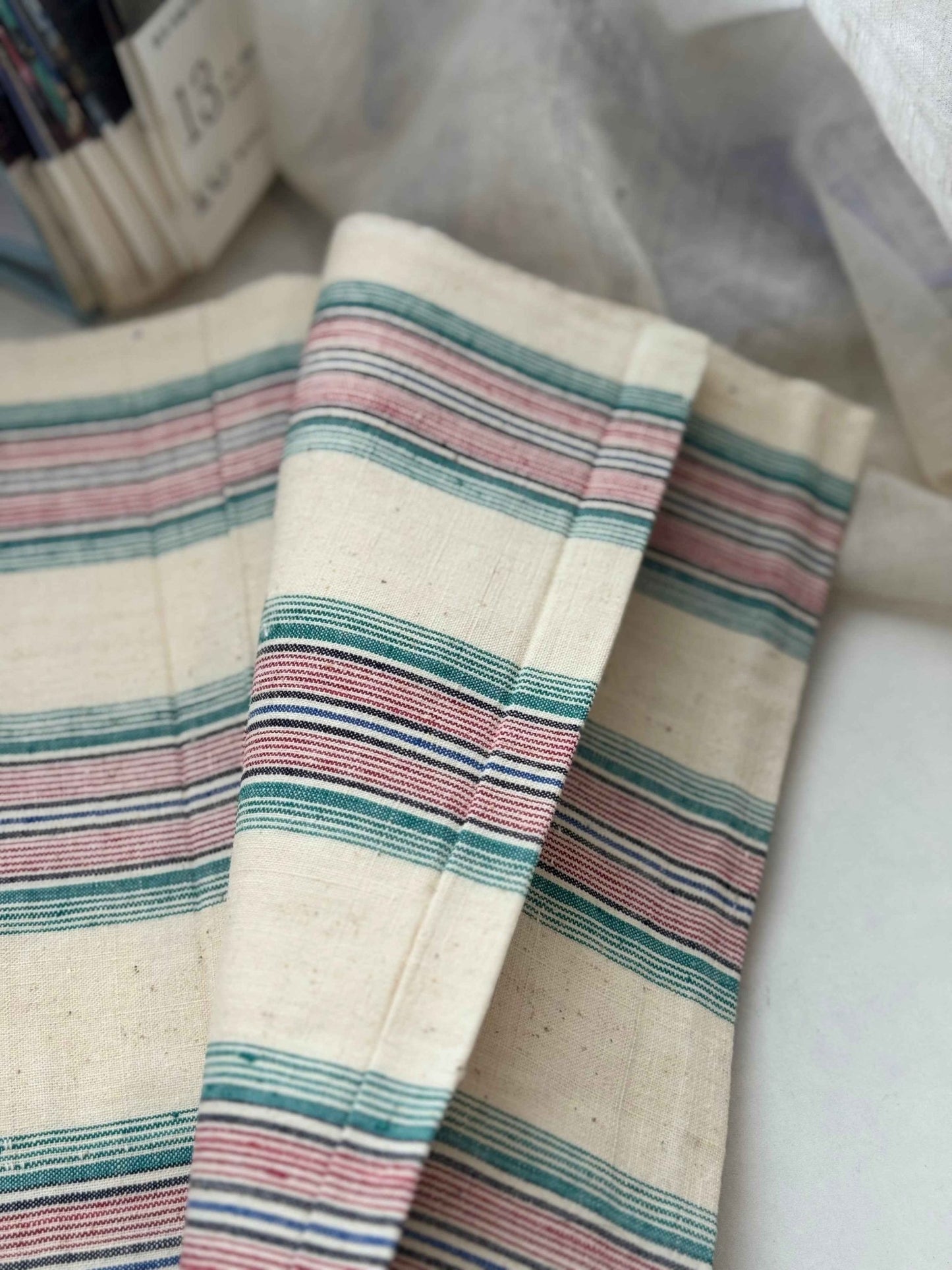 A041 Southern Rhythm: Striped Tǔbù in Cream with Rainbow Accents - 37cm Width - BUBBO