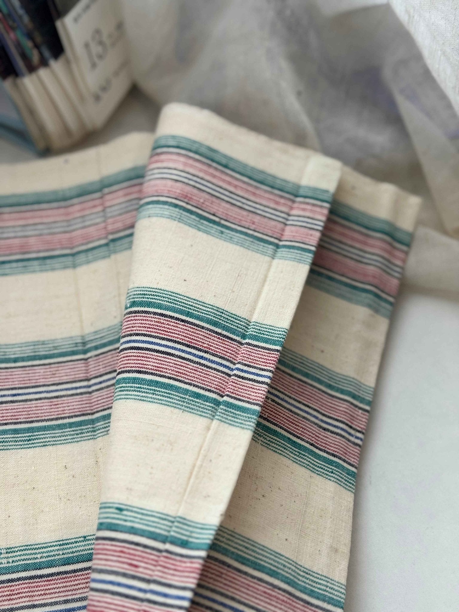 A041 Southern Rhythm: Striped Tǔbù in Cream with Rainbow Accents - 37cm Width - BUBBO