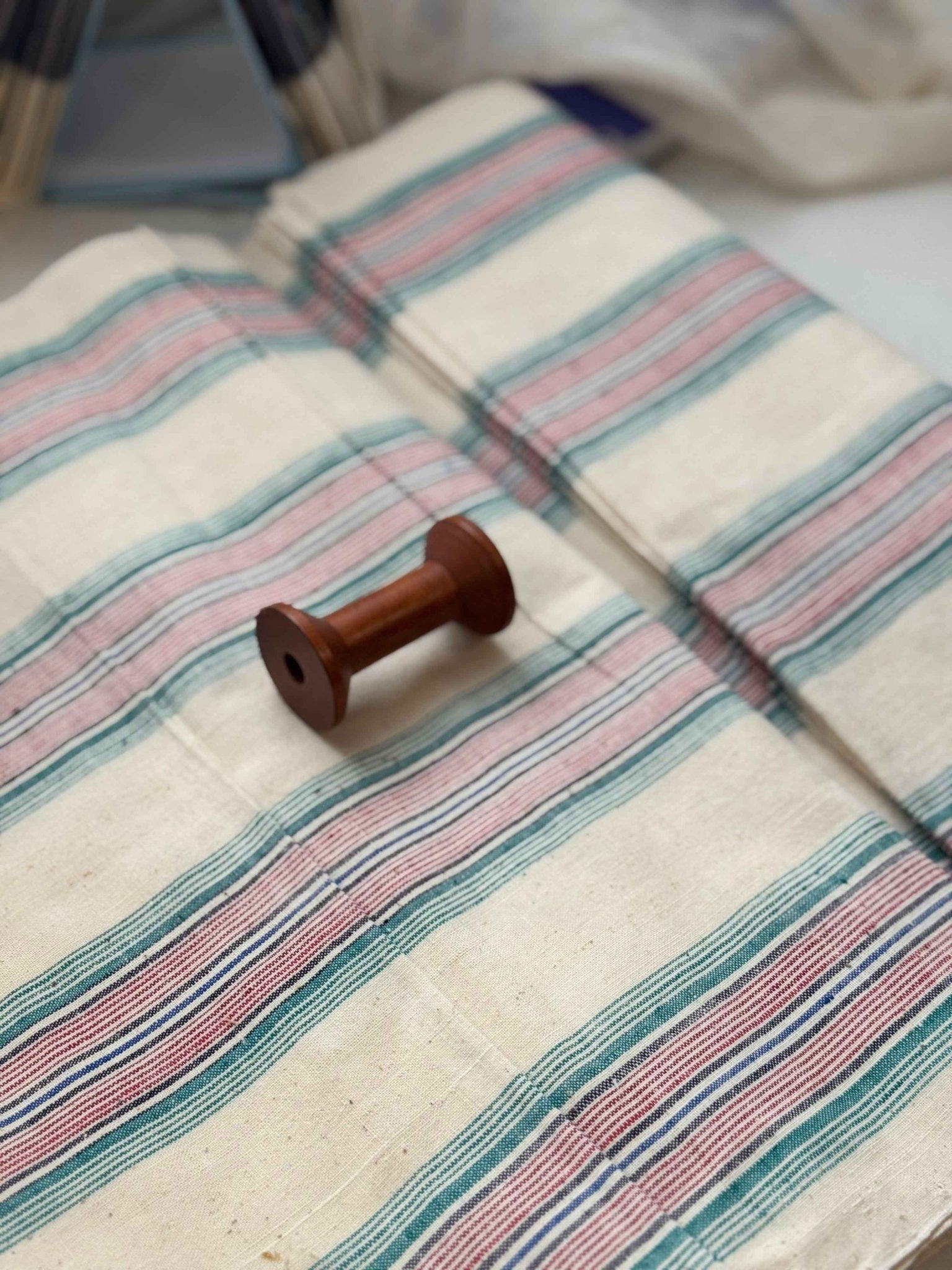 A041 Southern Rhythm: Striped Tǔbù in Cream with Rainbow Accents - 37cm Width - BUBBO