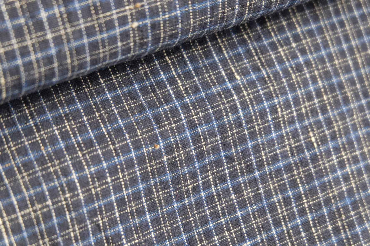 Black Tǔbù with Micro - Grid Pattern in White & Blue - 35cm Wide Vintage Fabric - BUBBO