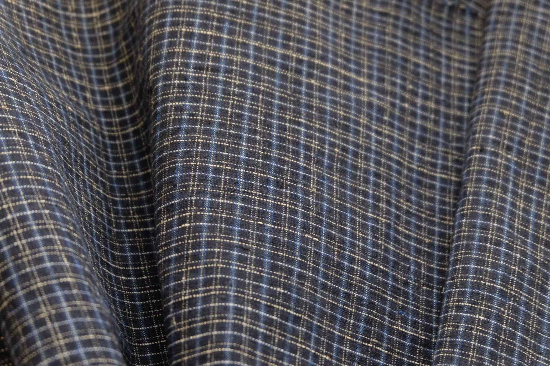 Black Tǔbù with Micro - Grid Pattern in White & Blue - 35cm Wide Vintage Fabric - BUBBO