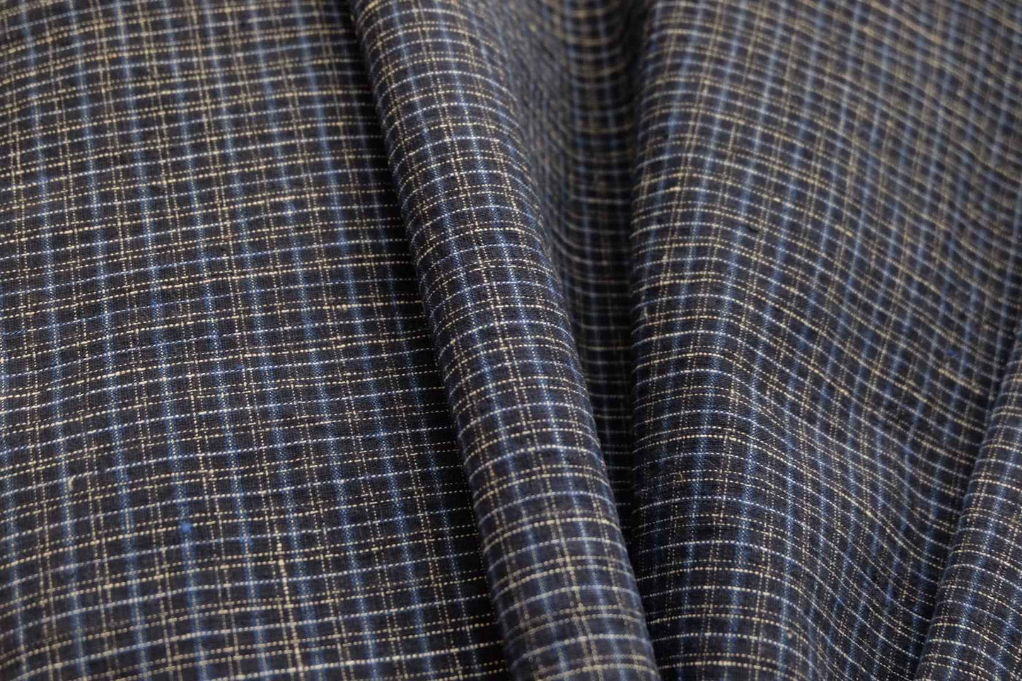 Black Tǔbù with Micro - Grid Pattern in White & Blue - 35cm Wide Vintage Fabric - BUBBO