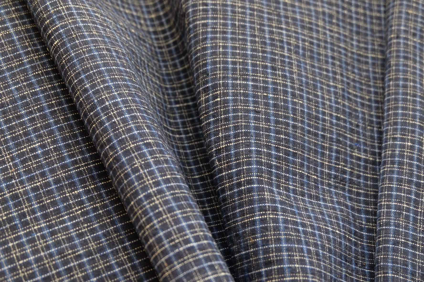 Black Tǔbù with Micro - Grid Pattern in White & Blue - 35cm Wide Vintage Fabric - BUBBO