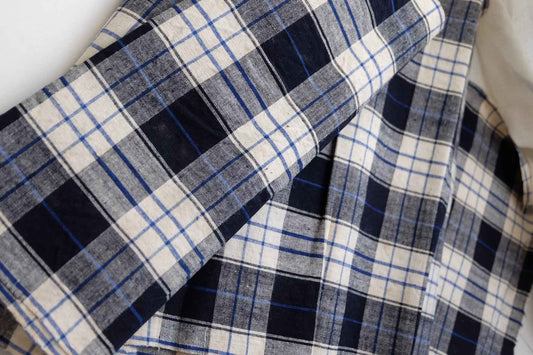 Blue - Accented Graph Check Tǔbù - Vintage Grid Pattern Fabric - BUBBO