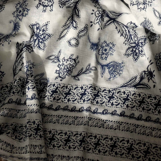 Blue Border Floral Cotton Voile Fabric — 3.28 Yards