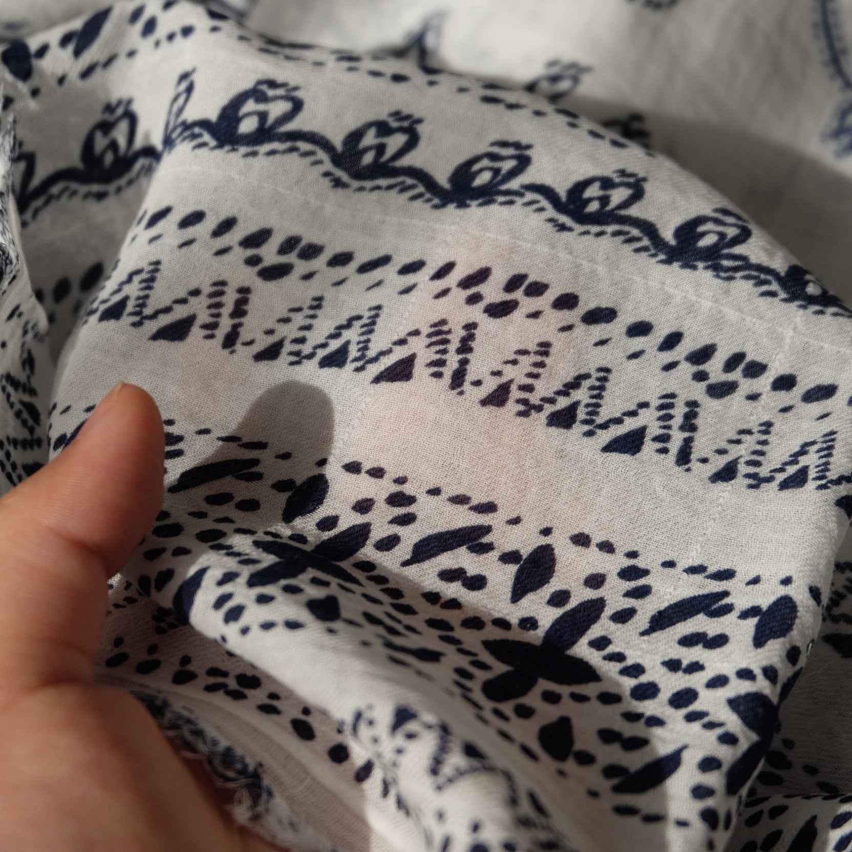 Blue Border Floral Cotton Voile Fabric — 3.28 Yards