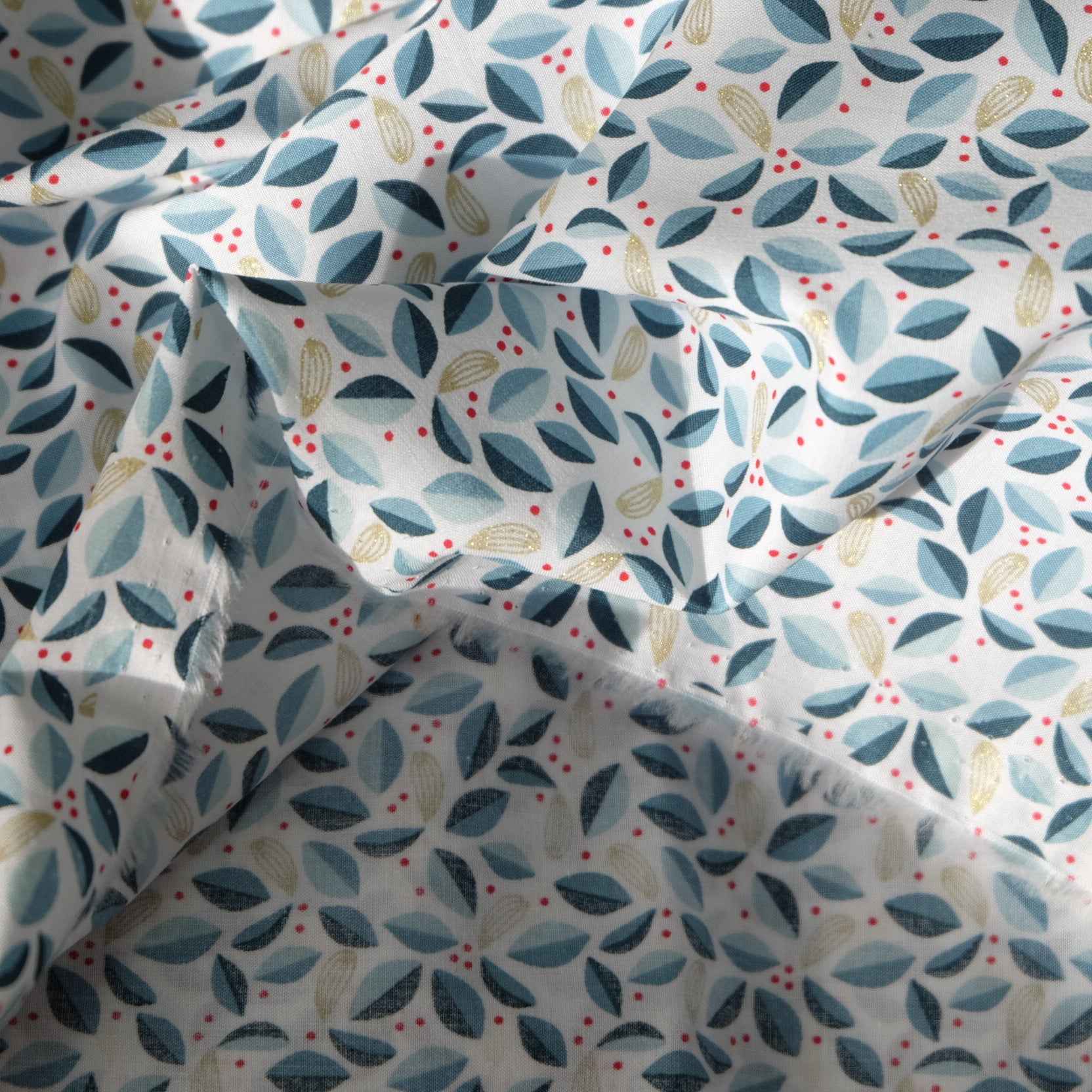 Blue Leaf Gold Foil Cotton Poplin Fabric — 3.28 Yards