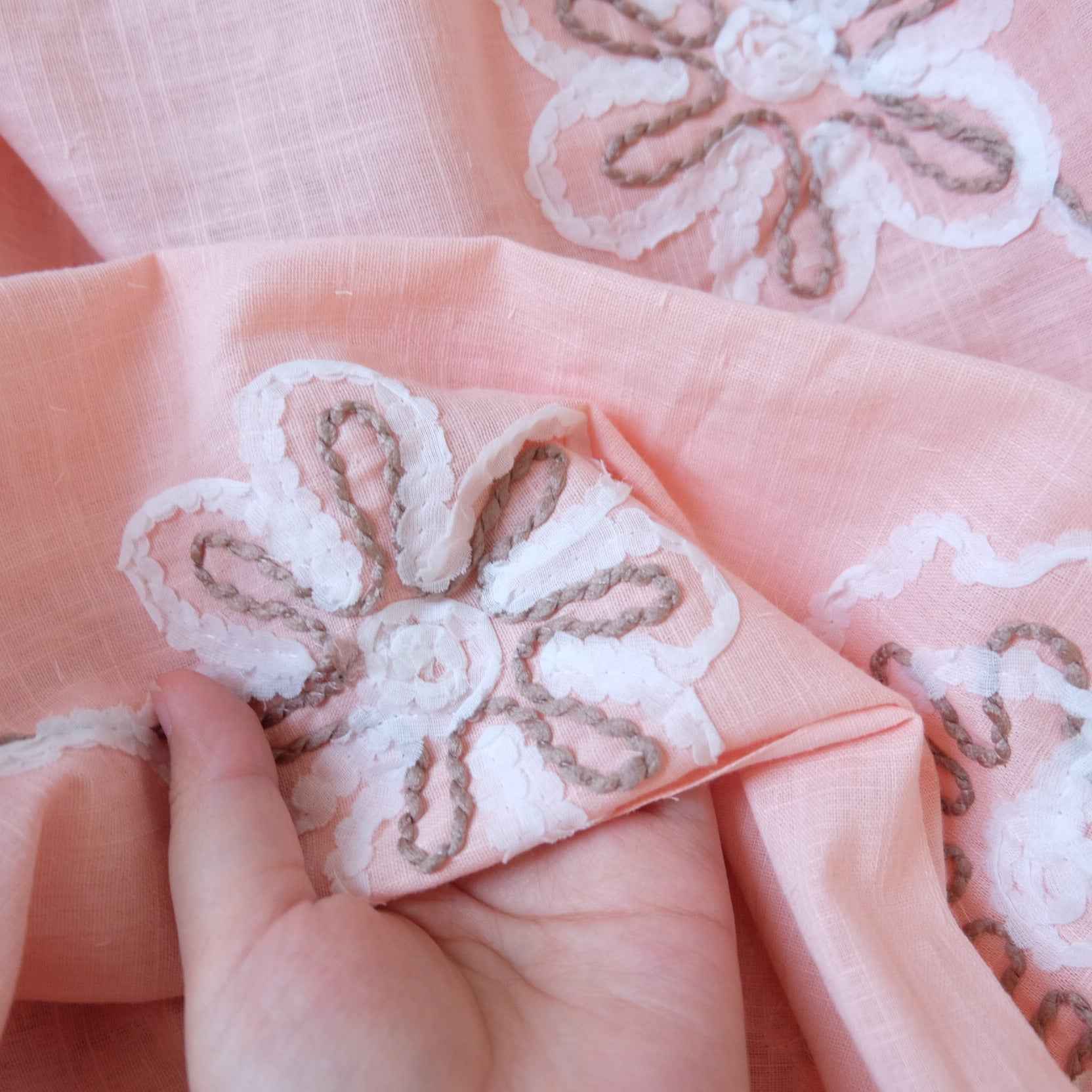 Blush Pink Embroidered Tencel-Linen Fabric – Lightweight Drapey Dress Fabric (2.19 yds)