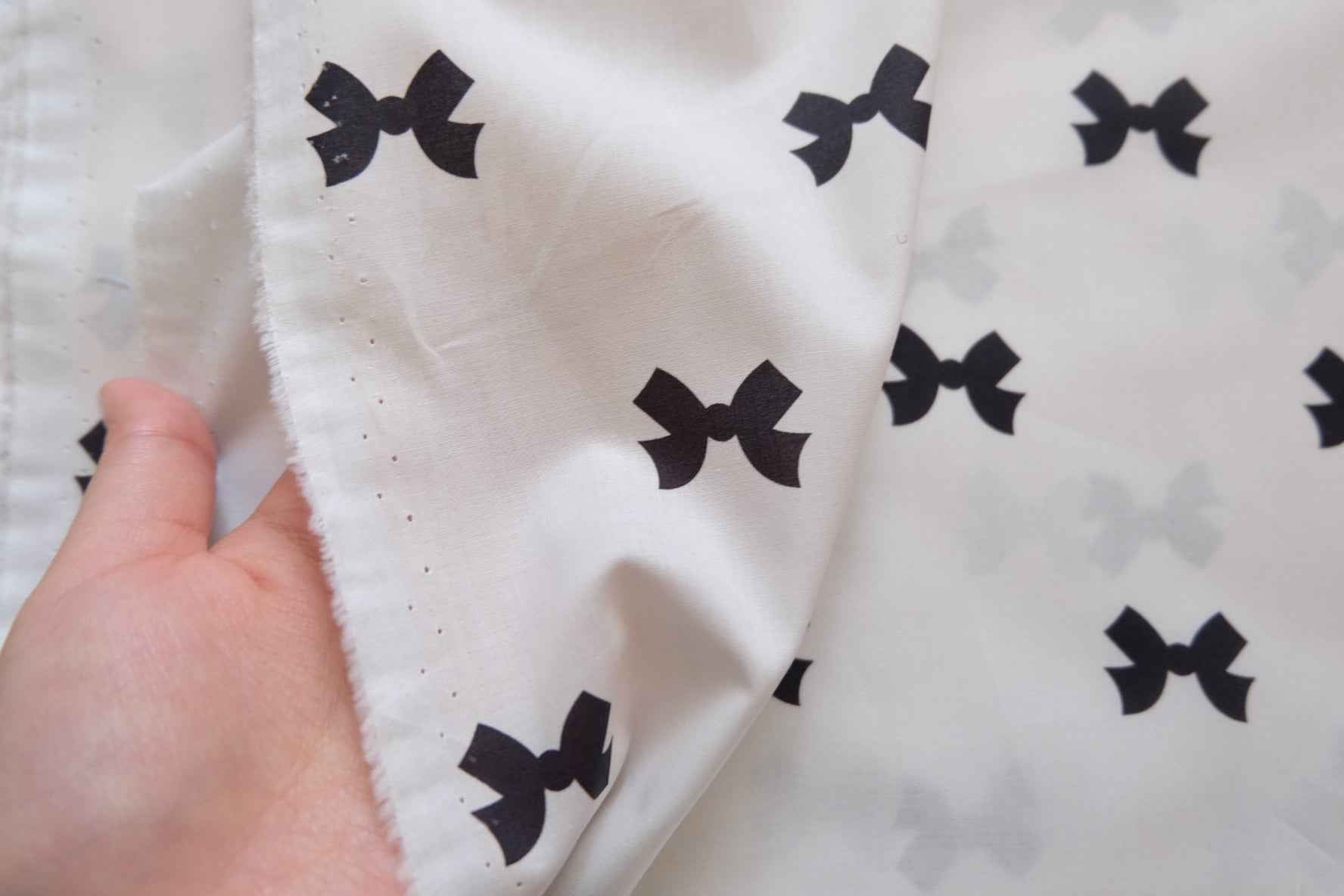 Bow Print Cotton Poplin Fabric – White with Black Mini Bows – Lightweight – 57” Wide – Approx. 4.4 Yards Available - BUBBO