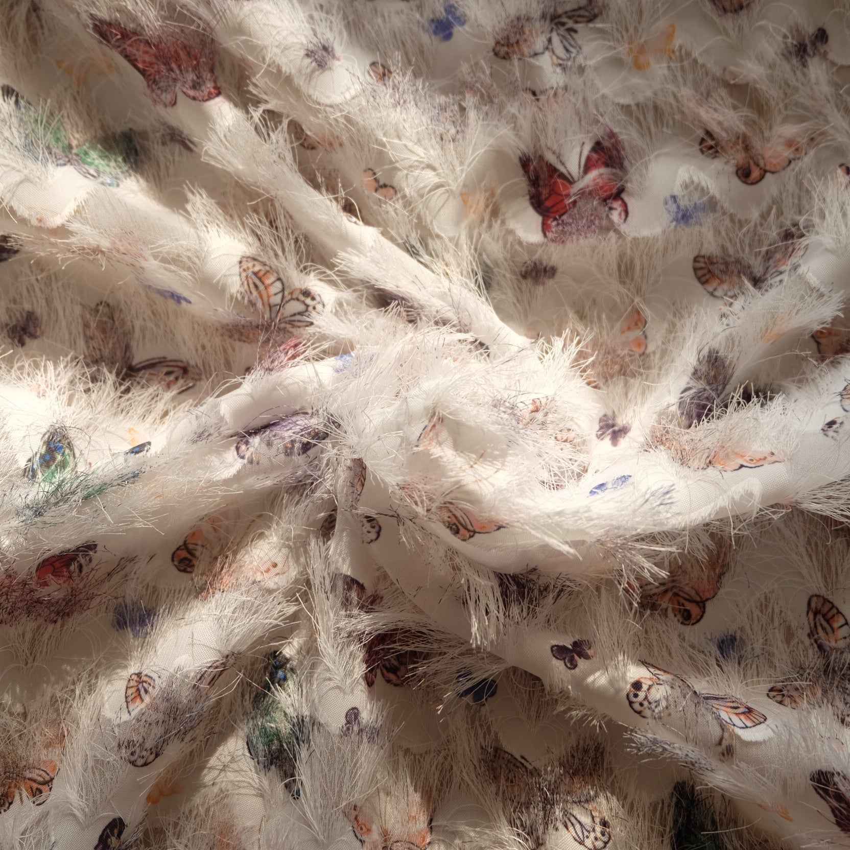 Butterfly Textured Fringe Sheer Fabric – Statement Novelty Fabric (2.19 yds)