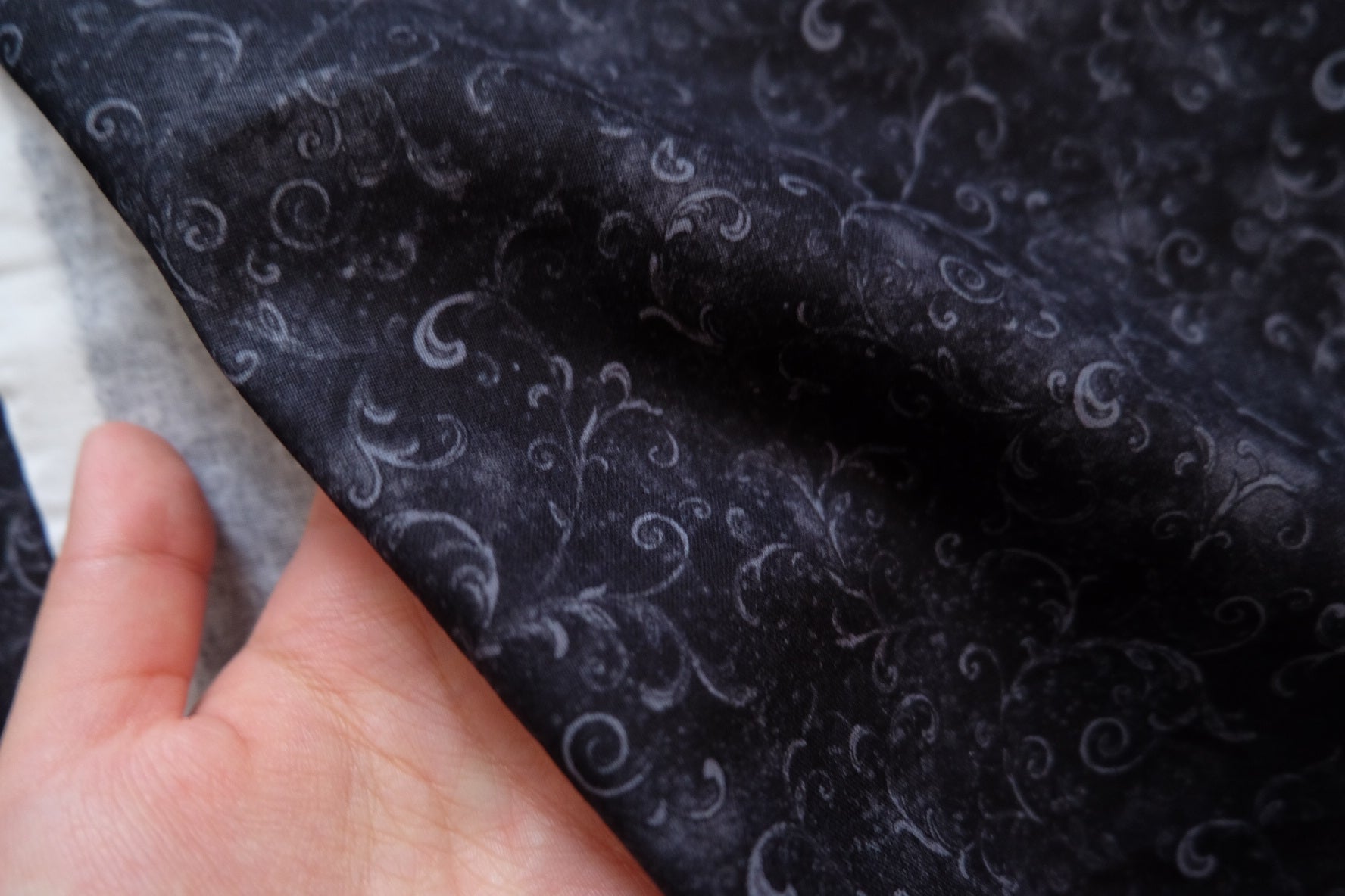 Dark Scroll Texture Cotton Fabric – Charcoal Black with Subtle Silver Motif – 43” Wide – One Piece (Approx. 1.75 Yards) - BUBBO