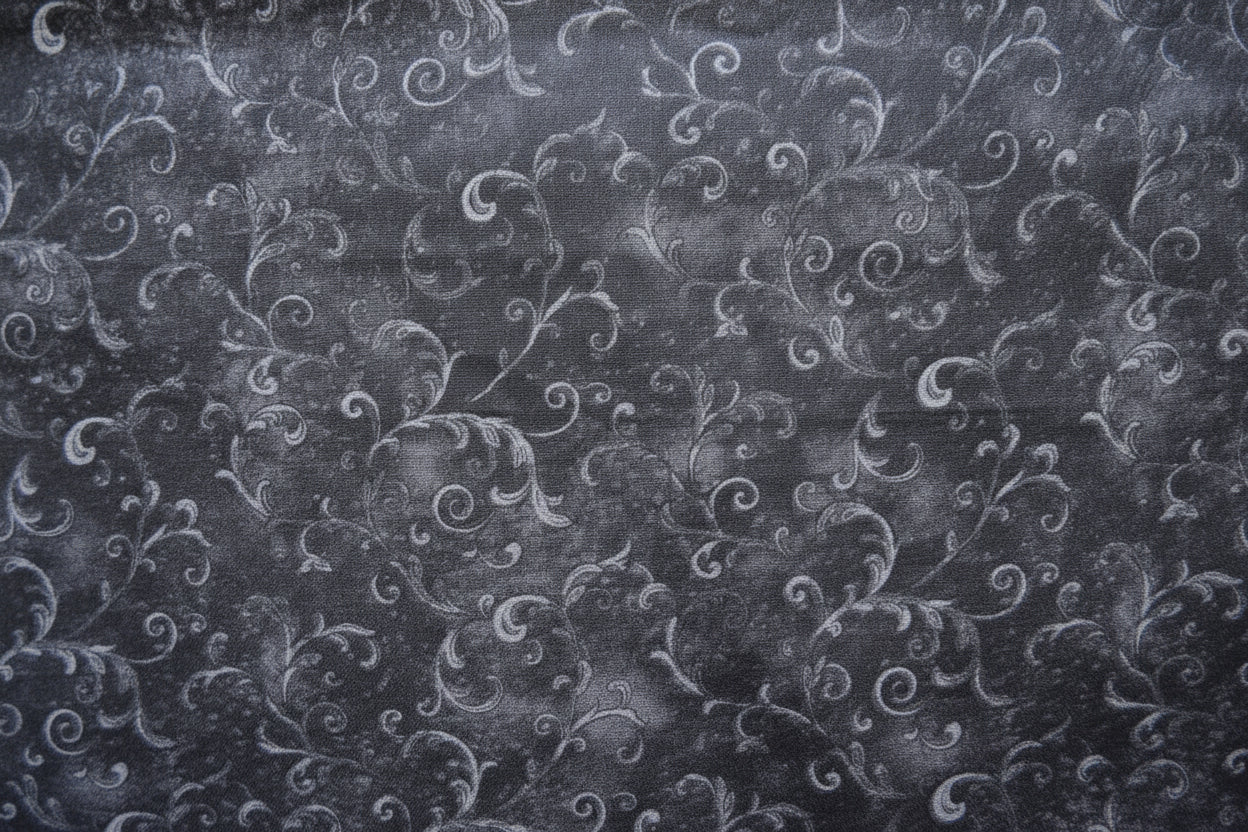 Dark Scroll Texture Cotton Fabric – Charcoal Black with Subtle Silver Motif – 43” Wide – One Piece (Approx. 1.75 Yards) - BUBBO