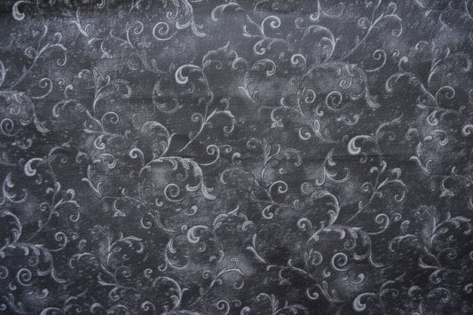 Dark Scroll Texture Cotton Fabric – Charcoal Black with Subtle Silver Motif – 43” Wide – One Piece (Approx. 1.75 Yards) - BUBBO