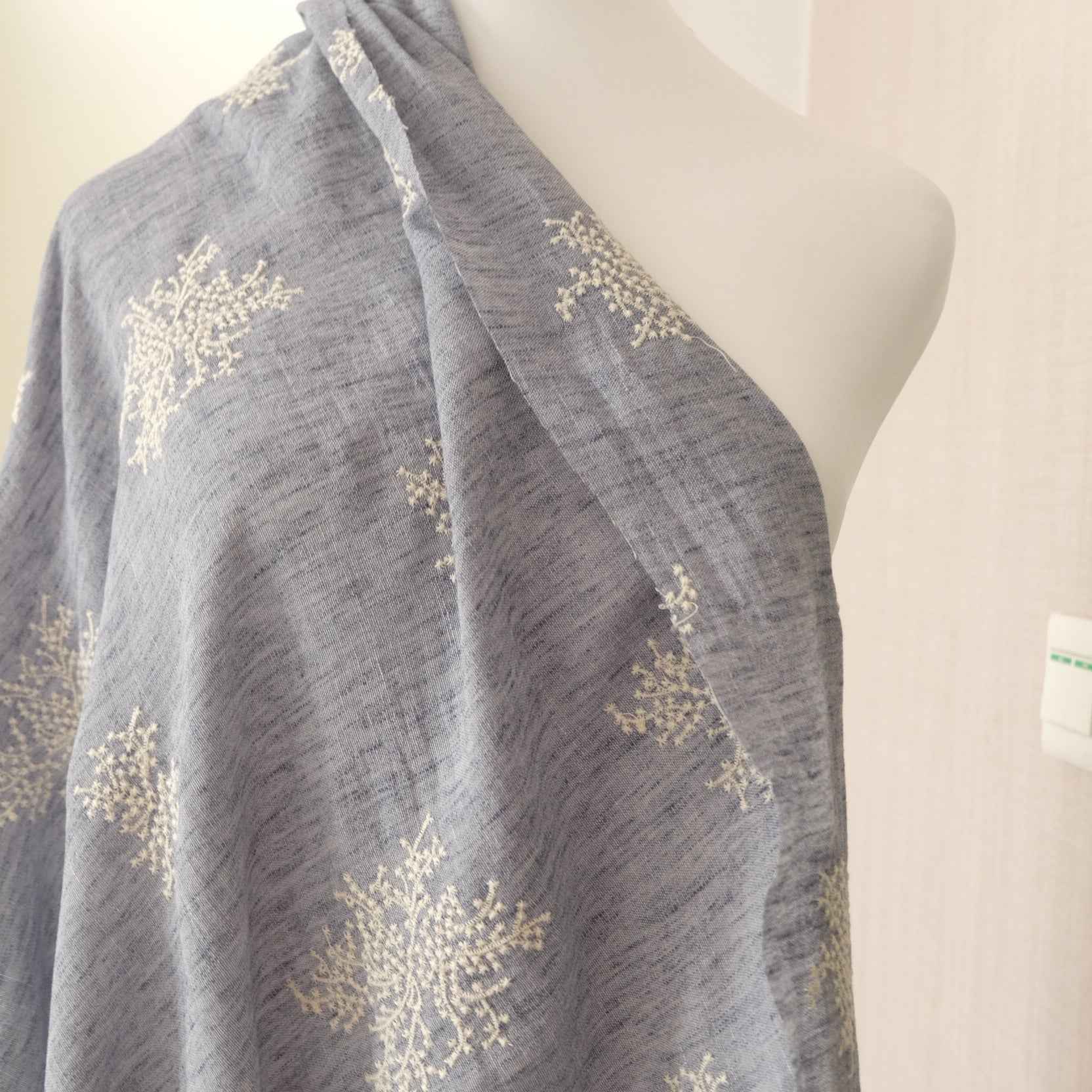 Dusty Blue Embroidered Tencel-Linen Fabric – Drapey Dress Fabric (2.19 yds)