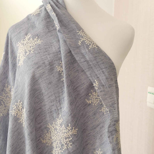 Dusty Blue Embroidered Tencel-Linen Fabric – Drapey Dress Fabric (2.19 yds)