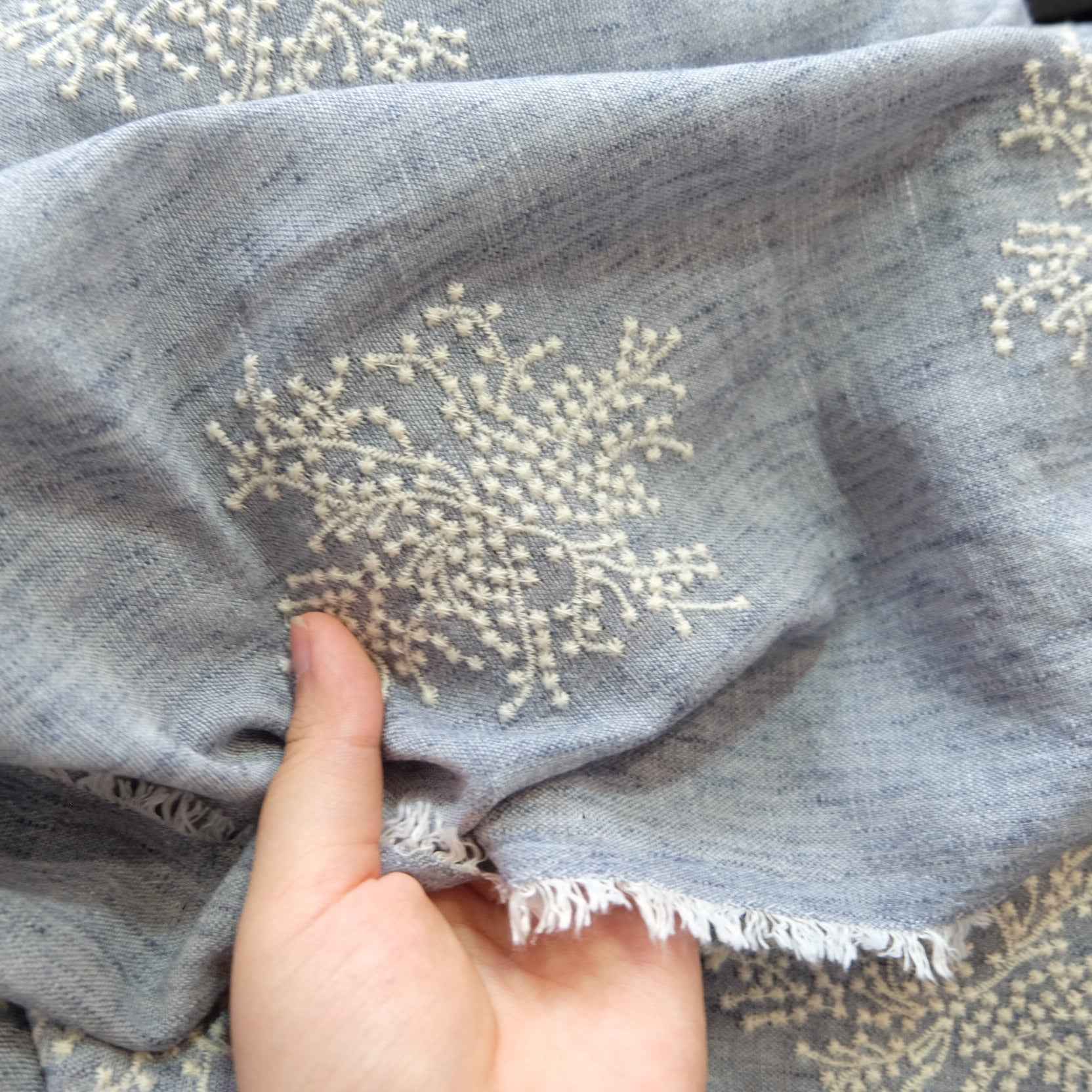 Dusty Blue Embroidered Tencel-Linen Fabric – Drapey Dress Fabric (2.19 yds)