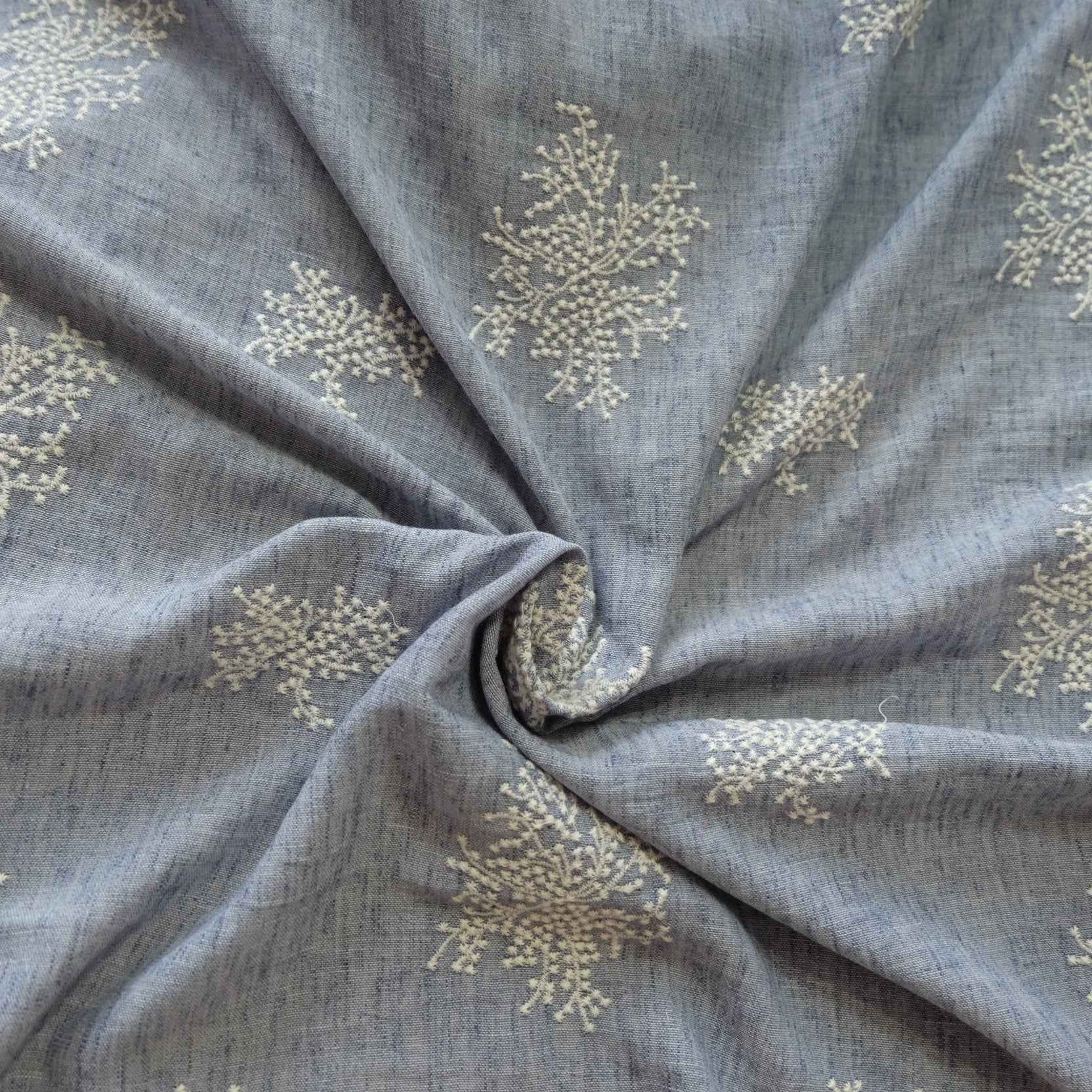 Dusty Blue Embroidered Tencel-Linen Fabric – Drapey Dress Fabric (2.19 yds)