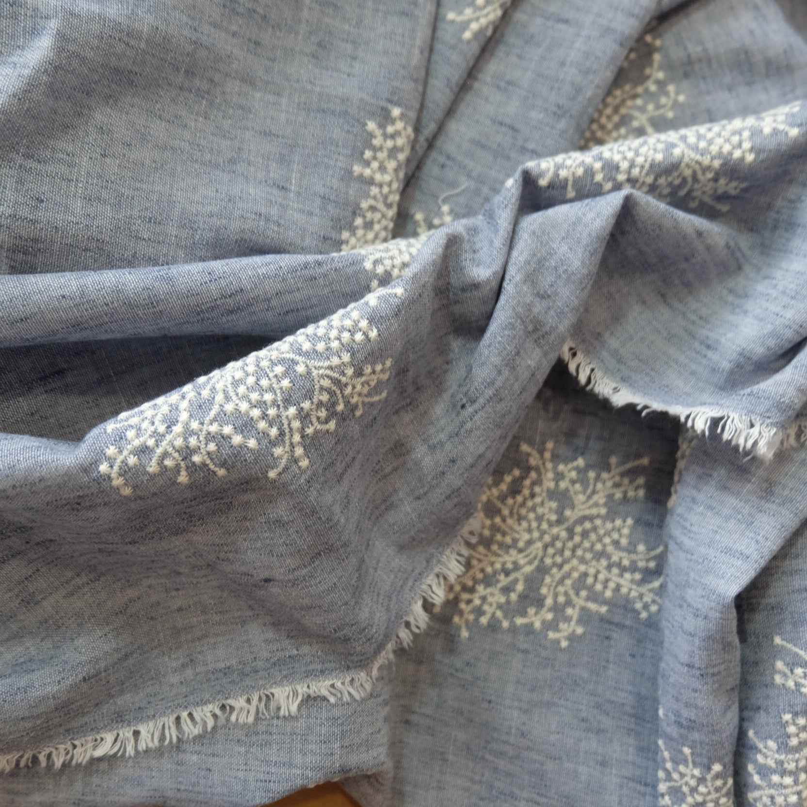 Dusty Blue Embroidered Tencel-Linen Fabric – Drapey Dress Fabric (2.19 yds)