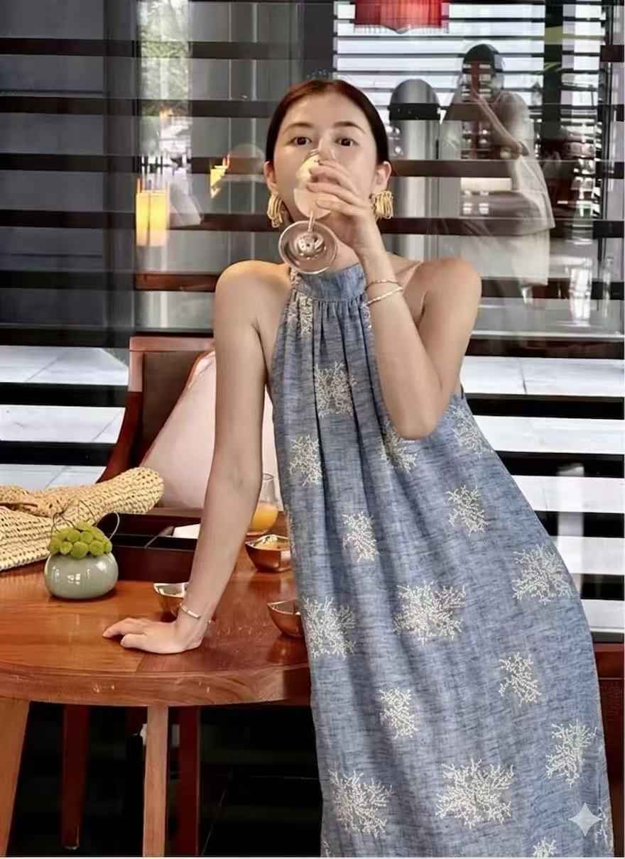 Dusty Blue Embroidered Tencel-Linen Fabric – Drapey Dress Fabric (2.19 yds)