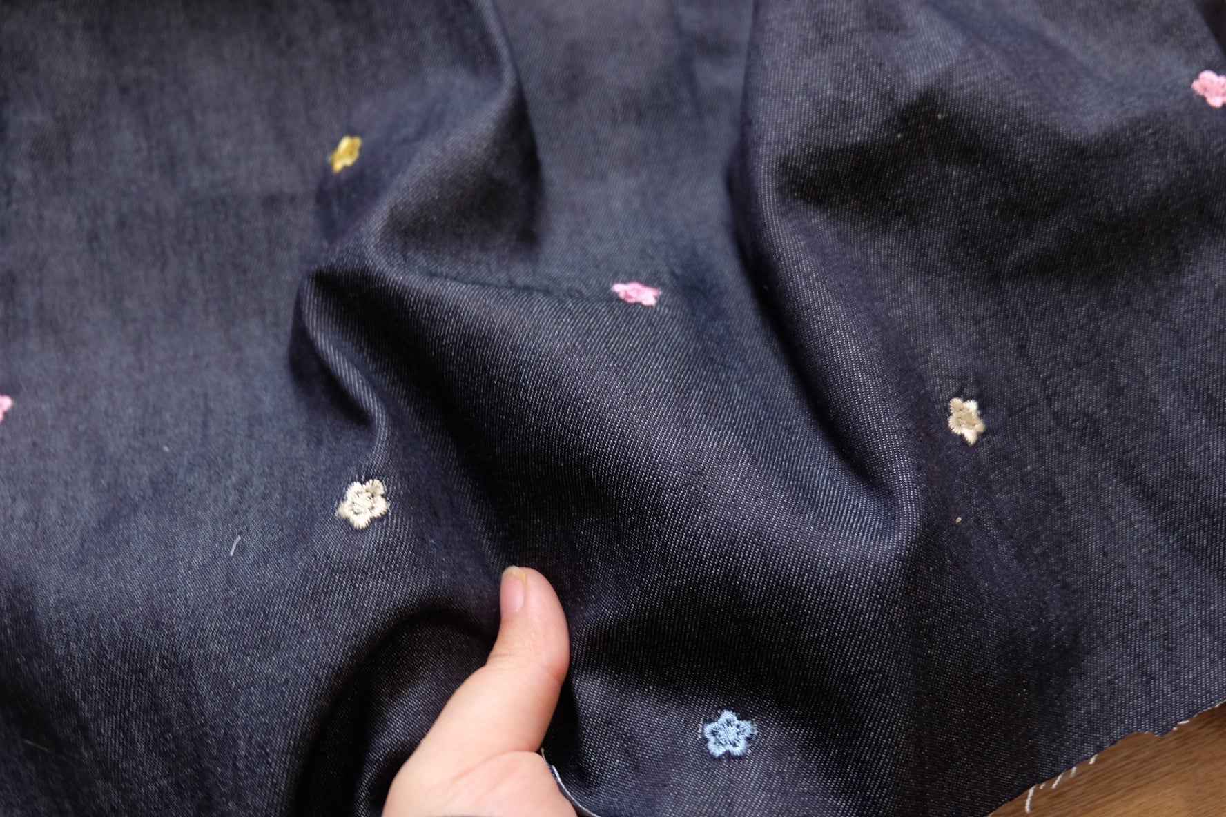 Embroidered Cotton Denim – Floral Dark Wash | 2.19 yds Cut