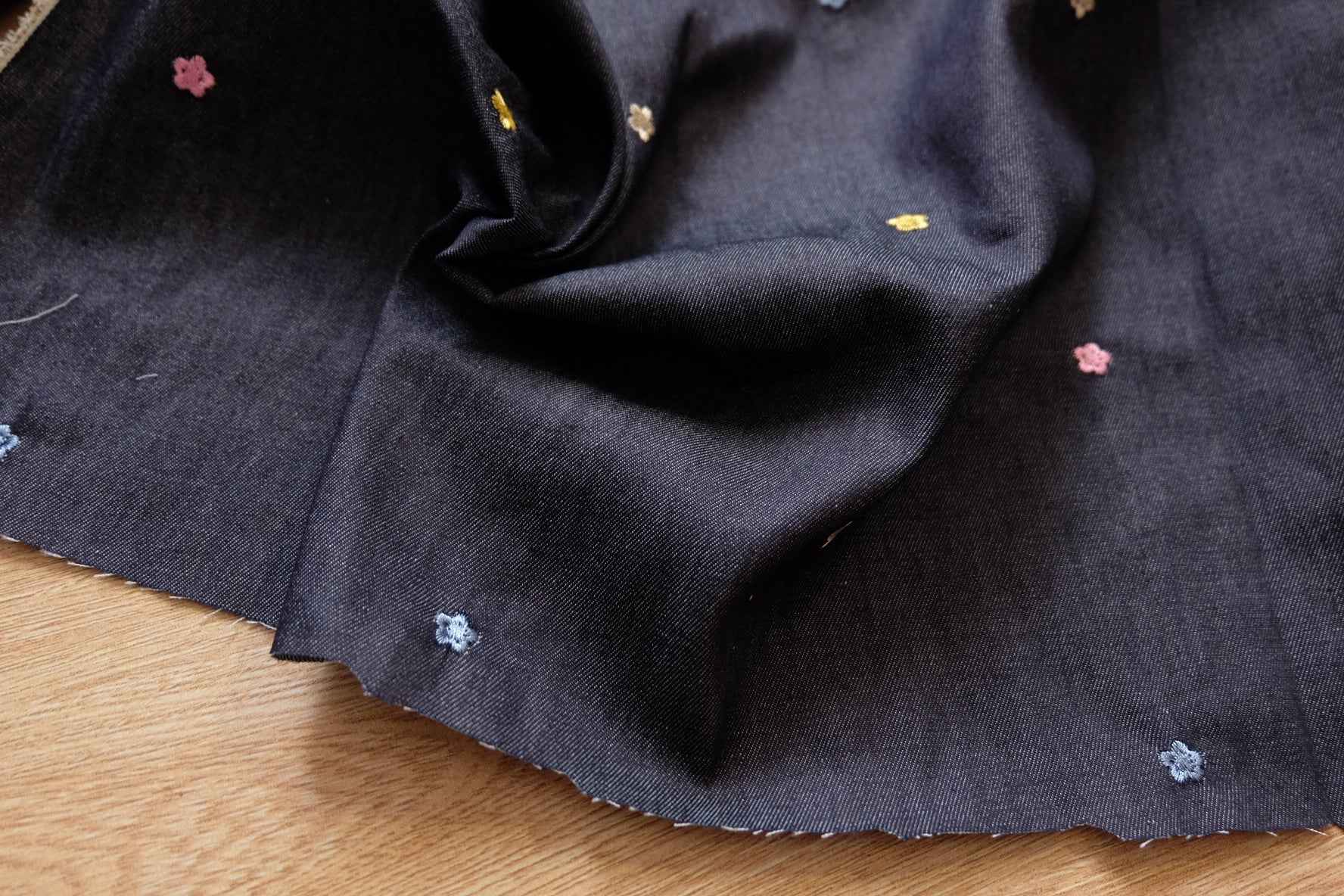 Embroidered Cotton Denim – Floral Dark Wash | 2.19 yds Cut