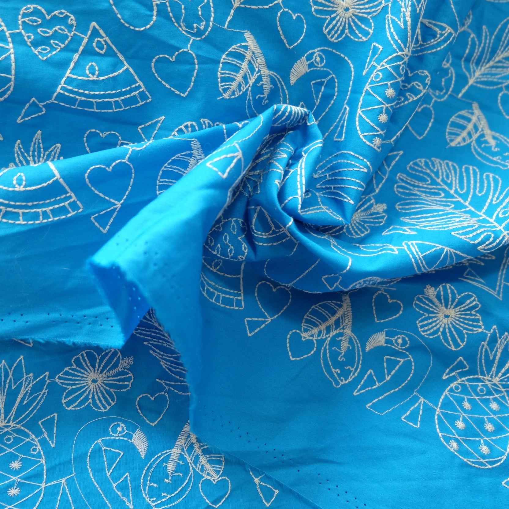 ! Exclusive Blue Embroidered Cotton Poplin – Statement Resort Fabric by the Yard