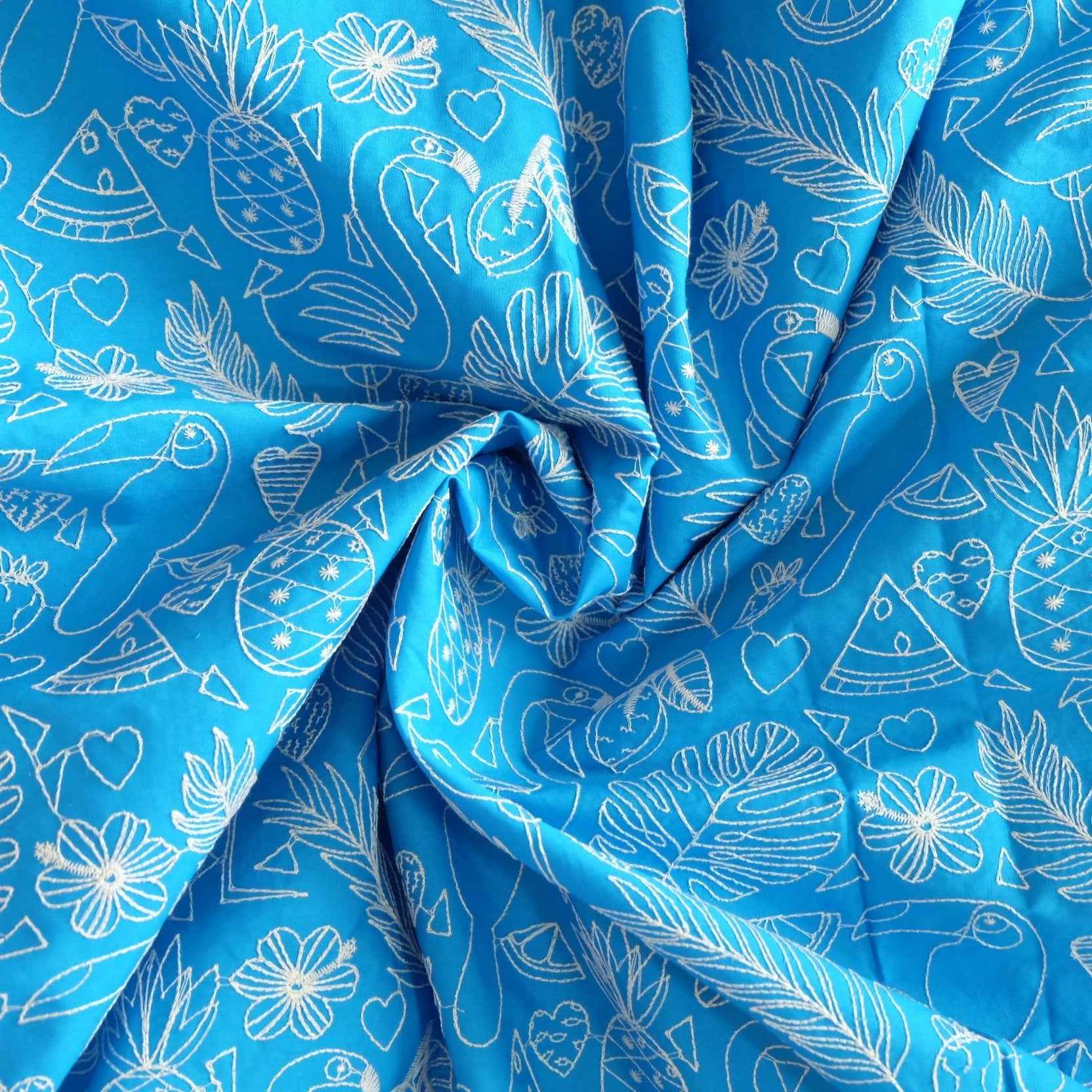 ! Exclusive Blue Embroidered Cotton Poplin – Statement Resort Fabric by the Yard