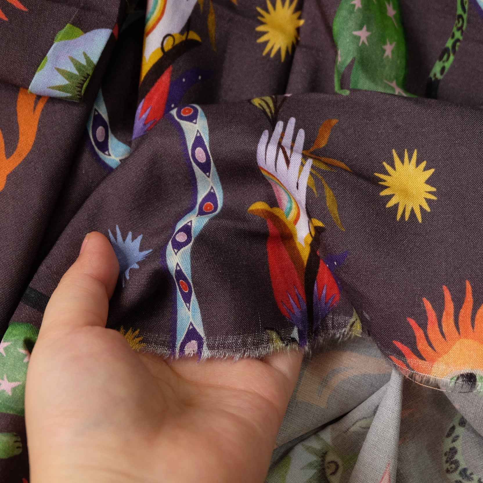 Farm Rio Deadstock Rayon Dress Fabric – Dark Tropical Novelty Print (1.64 yd)