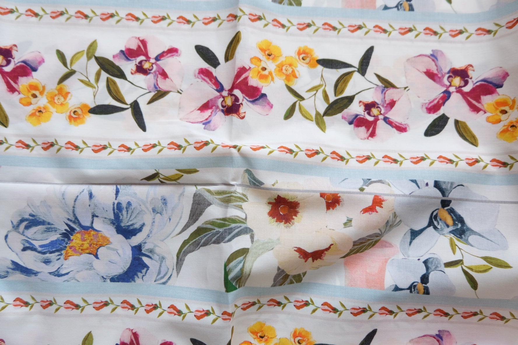 French Watercolor Floral Stripe Cotton Broadcloth – Light Luxury Designer Brand Remnant – 57” Wide – Sold by the Yard - BUBBO