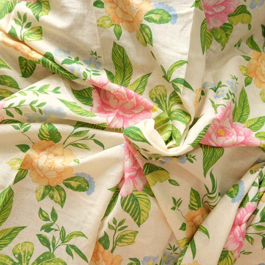 Garden Rose Border Cotton Linen Fabric — 3.28 Yards