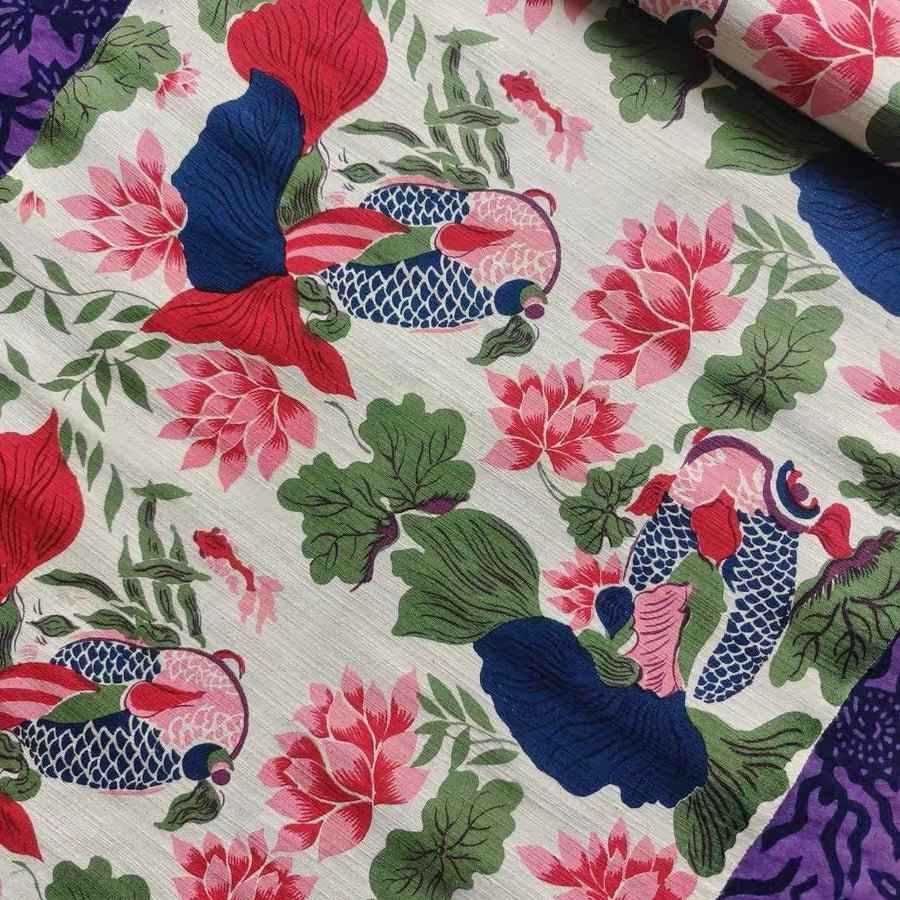 "Golden Fortune" Koi & Lotus Print - Heritage Cotton Collection