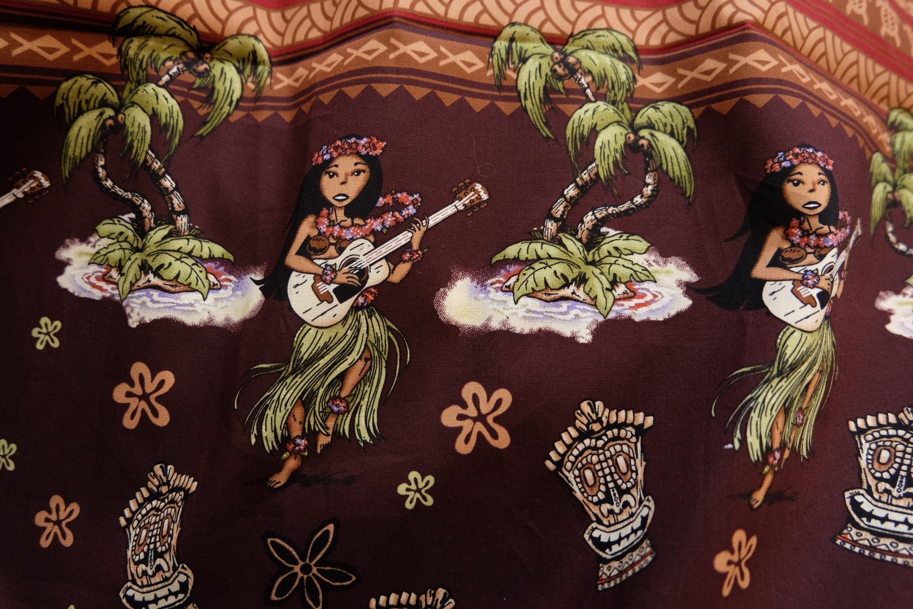 Hawaiian Girl Placement Print Cotton Poplin – Orange Retro Vacation Motif – 43” Wide – Sold per Panel (Approx. 1.1 Yards Each) - BUBBO