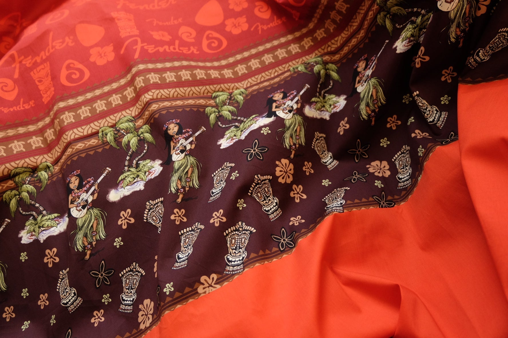 Hawaiian Girl Placement Print Cotton Poplin – Orange Retro Vacation Motif – 43” Wide – Sold per Panel (Approx. 1.1 Yards Each) - BUBBO