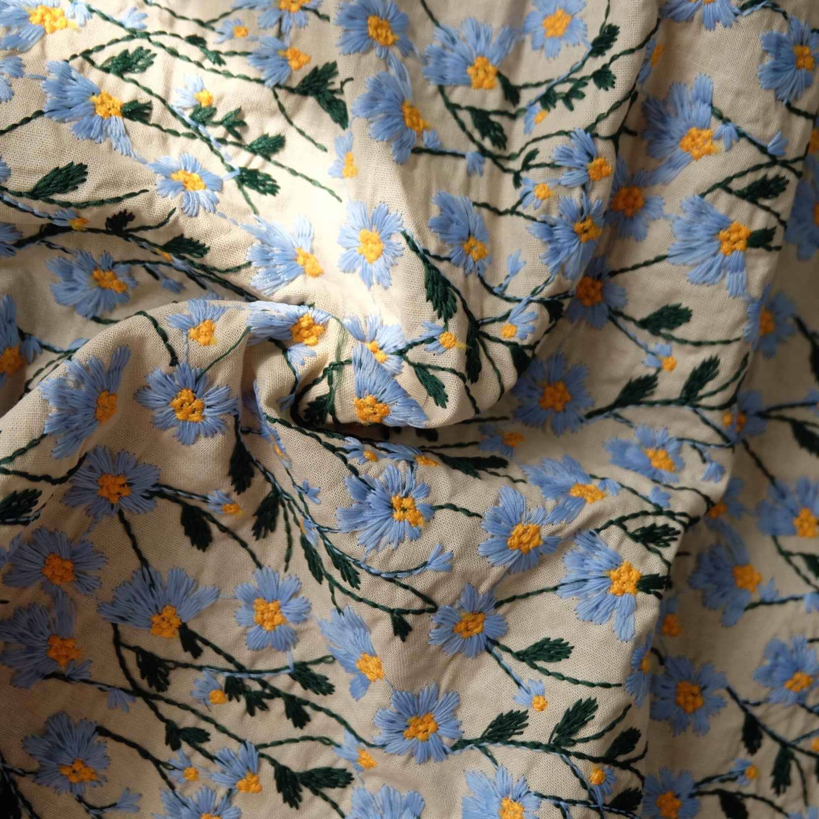 Heavy Embroidered Daisy Fabric – Tencel Linen Blend for Bags & Home Décor (2.19 yd)