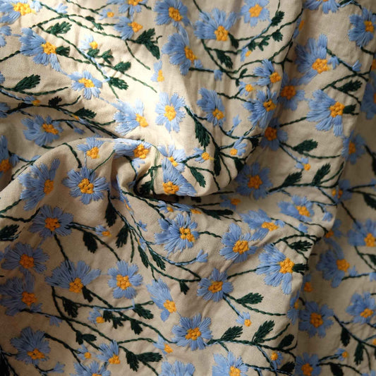 Heavy Embroidered Daisy Fabric – Tencel Linen Blend for Bags & Home Décor (2.19 yd)