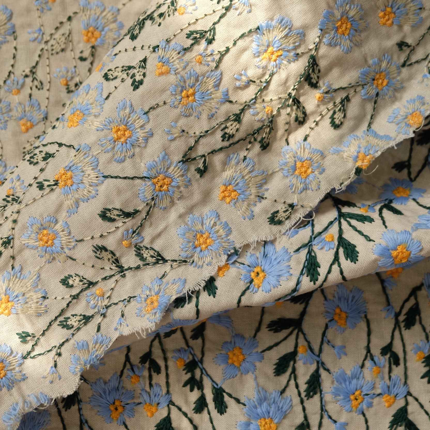 Heavy Embroidered Daisy Fabric – Tencel Linen Blend for Bags & Home Décor (2.19 yd)