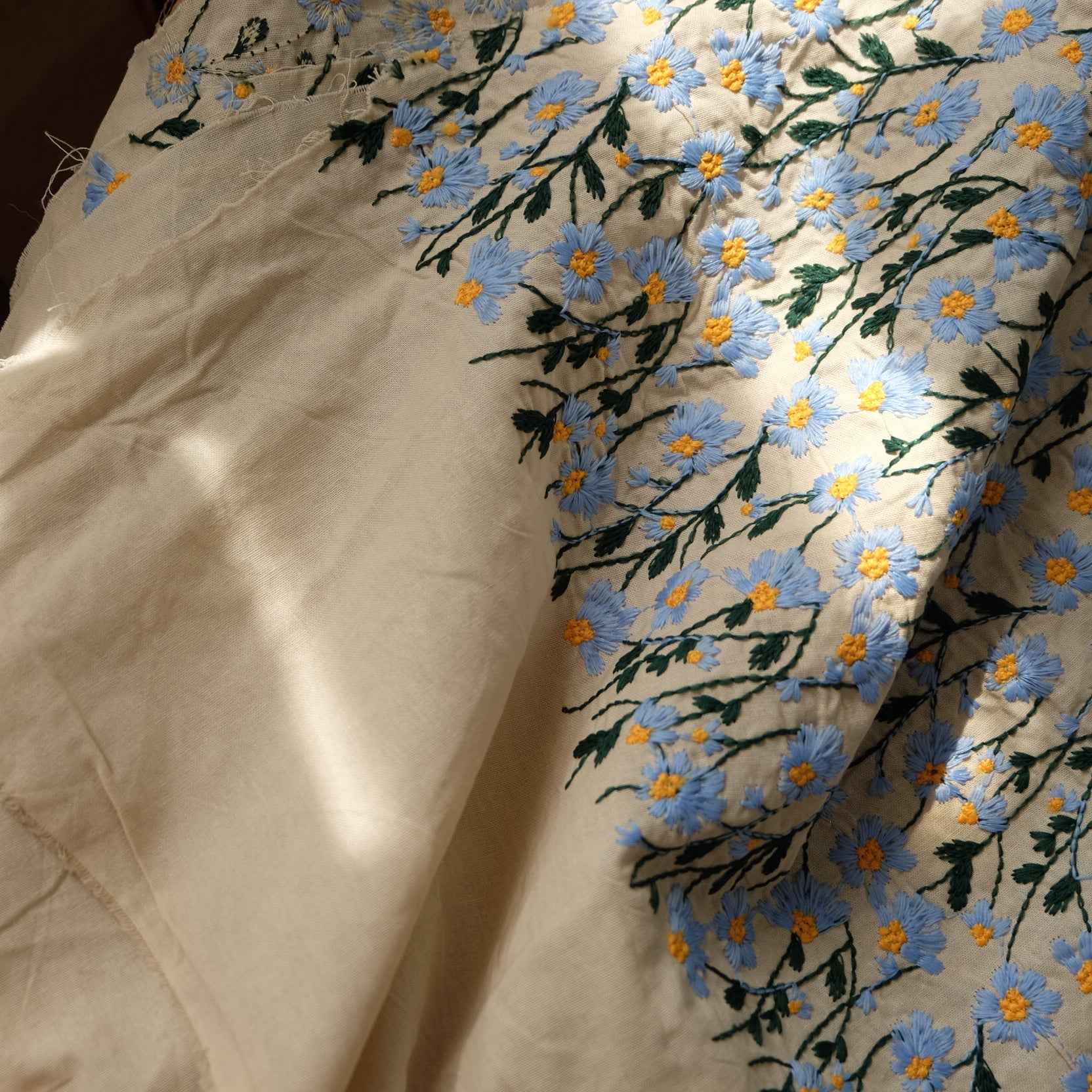 Heavy Embroidered Daisy Fabric – Tencel Linen Blend for Bags & Home Décor (2.19 yd)