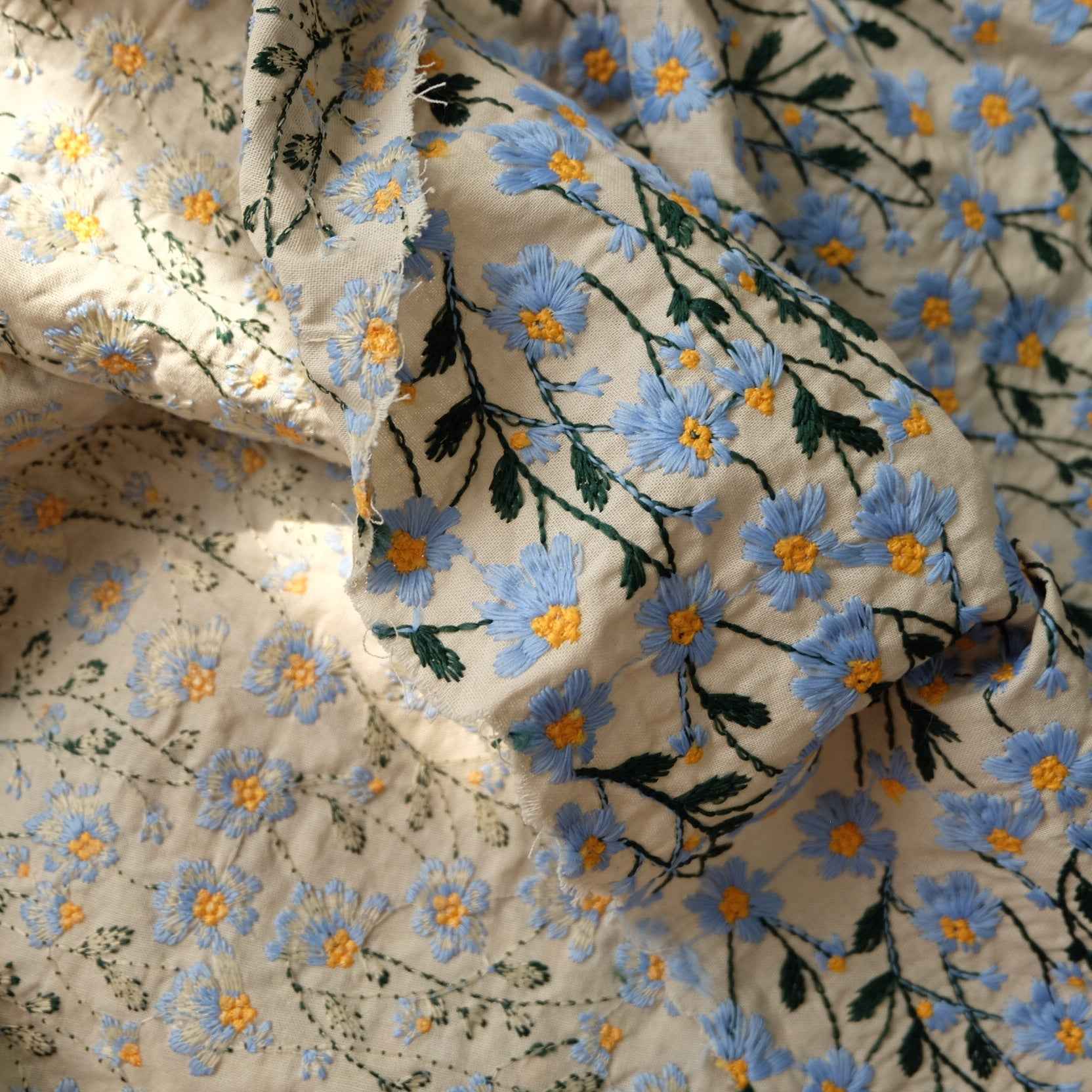 Heavy Embroidered Daisy Fabric – Tencel Linen Blend for Bags & Home Décor (2.19 yd)