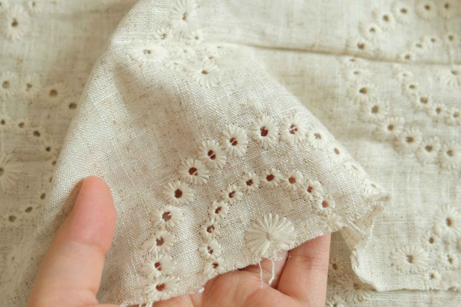Italian Embroidered Linen – Eyelet Floral Linen Fabric (2.18 yards)