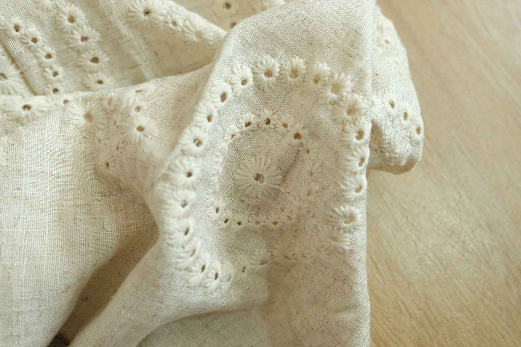 Italian Embroidered Linen – Eyelet Floral Linen Fabric (2.18 yards)